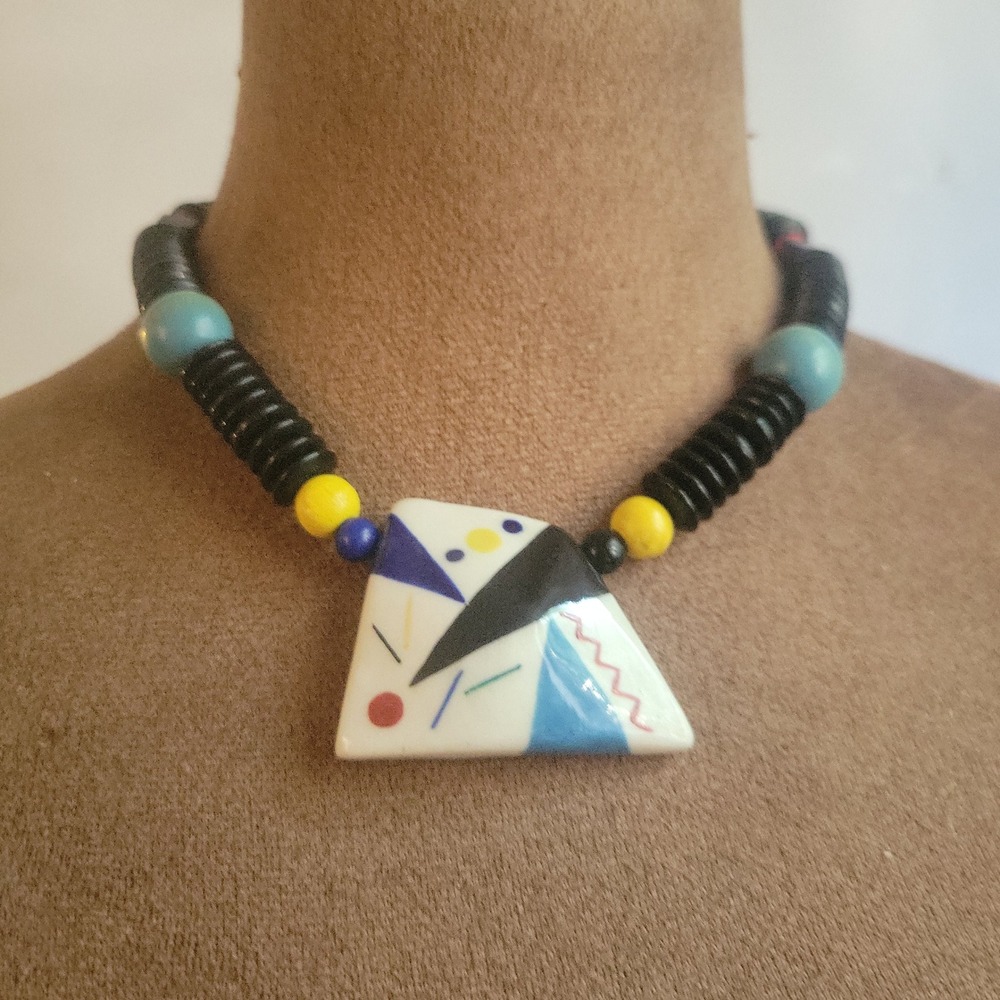 Vintage 80s Memphis Design Geometric Ceramic Pendant Necklace One Size Retro